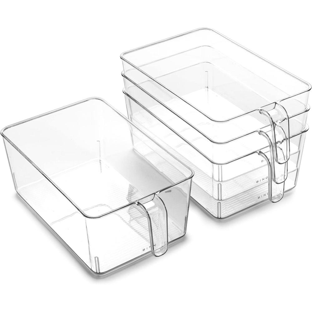 image:imageBINO l Plastic Storage Bins l THE HOLDER COLLECTION l 4Pack Medium MultiUse Clear Containers for Organizing with Builtin Handles l Pantry Organization amp Storage l Kitchen Organizer l Storage Bins4 Pack  Large
