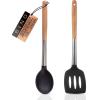 BINO 2-Piece Silicone Spoon & Slotted Turner Set with Stainless Steel & Wooden Handle – Black | BPA-Free Nonstick & Heat Resistant Silicone | Mixing & Serving | Cooking Utensils for Nonstick Cookware