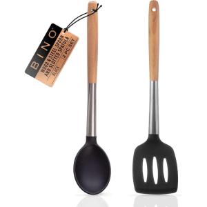 BINO 2-Piece Silicone Spoon & Slotted Turner Set with Stainless Steel & Wooden Handle – Black | BPA-Free Nonstick & Heat Resistant Silicone | Mixing & Serving | Cooking Utensils for Nonstick Cookware