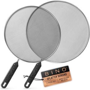 BINO 2-Piece Stainless Steel Splatter Screen with Handle Set – Speckled Black | Oil & Grease Skillet Guards | Bacon Frying Screen Splash Protector | Mesh Splatter Screen | Kitchen Cookware Essentials