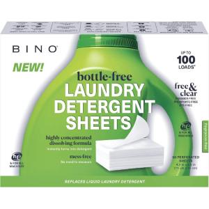 BINO Laundry Detergent Sheets – Fragrance Free | 100 Loads | Stain Fighting | Bottle-Free Ultra Concentrated Dissolving Laundry Soap | Recyclable Packaging | Paraben, Phosphate & Dye Free