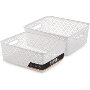 BINO l Plastic Storage Baskets, Large – Black | THE BLOSSOM COLLECTION l Multi-Use Organizer Bin l Built-in Handles l Plastic Woven Basket for Organizing l Pantry & Home Organizing Basket(White)