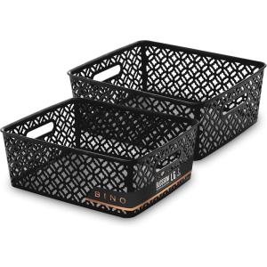 BINO l Plastic Storage Baskets, Large – Black | THE BLOSSOM COLLECTION l Multi-Use Organizer Bin l Built-in Handles l Plastic Woven Basket for Organizing l Pantry & Home Organizing Basket(Black)