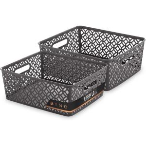 BINO l Plastic Storage Baskets, Large – Black | THE BLOSSOM COLLECTION l Multi-Use Organizer Bin l Built-in Handles l Plastic Woven Basket for Organizing l Pantry & Home Organizing Basket(Grey)