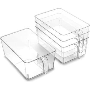 BINO l Plastic Storage Bins l THE HOLDER COLLECTION l 4-Pack, Medium Multi-Use Clear Containers for Organizing with Built-in Handles l Pantry Organization & Storage l Kitchen Organizer l Storage Bins(4 Pack – Large)