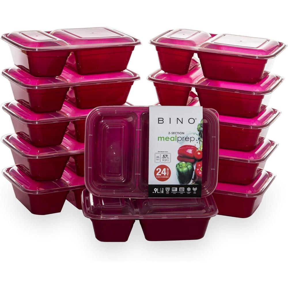 image:imageBINO  Food Containers with Cover  Red 12Piece Set 30 oz 2 Compartments  Meal Storage Containers  Microwave amp Dishwasher Safe FreezerSafe  BPAFree Plastic with Lids