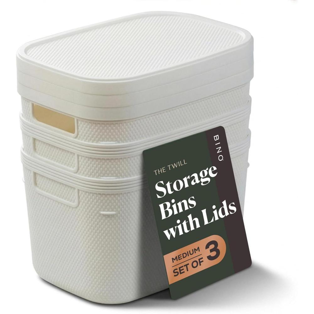 image:imageBINO  Plastic Storage Bins with Lids 55 Liter  3 Pack Dark Brown  THE TWILL COLLECTION  Plastic Bins for Organization  Woven Storage Baskets for Organizing  Pantry Shelf Organizer Basket BinWhite