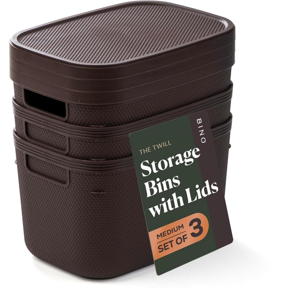 image:imageBINO  Plastic Storage Bins with Lids 55 Liter  3 Pack Dark Brown  THE TWILL COLLECTION  Plastic Bins for Organization  Woven Storage Baskets for Organizing  Pantry Shelf Organizer Basket BinDark Brown