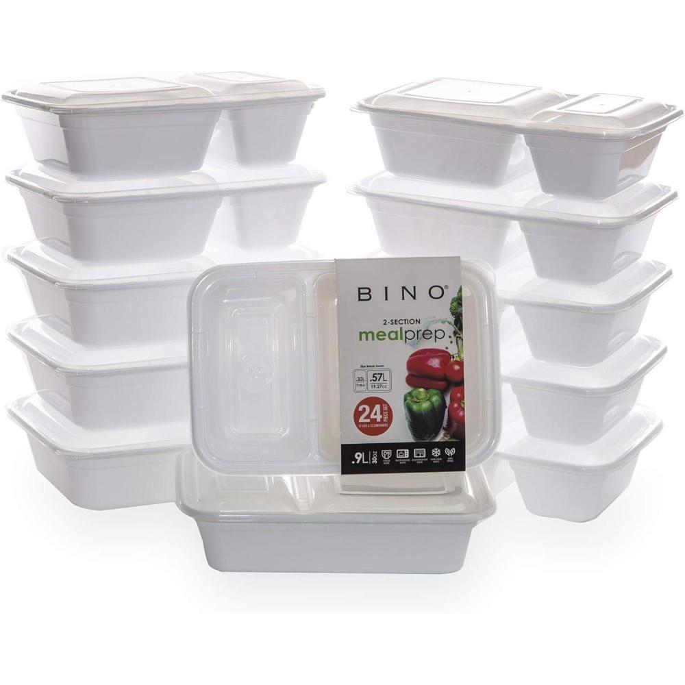 image:imageBINO  White 12Piece Food Containers with Cover 30 oz 1 Compartment Meal Storage Set  Microwave Freezer Dishwasher Safe BPAFree Plastic Containers with Lids