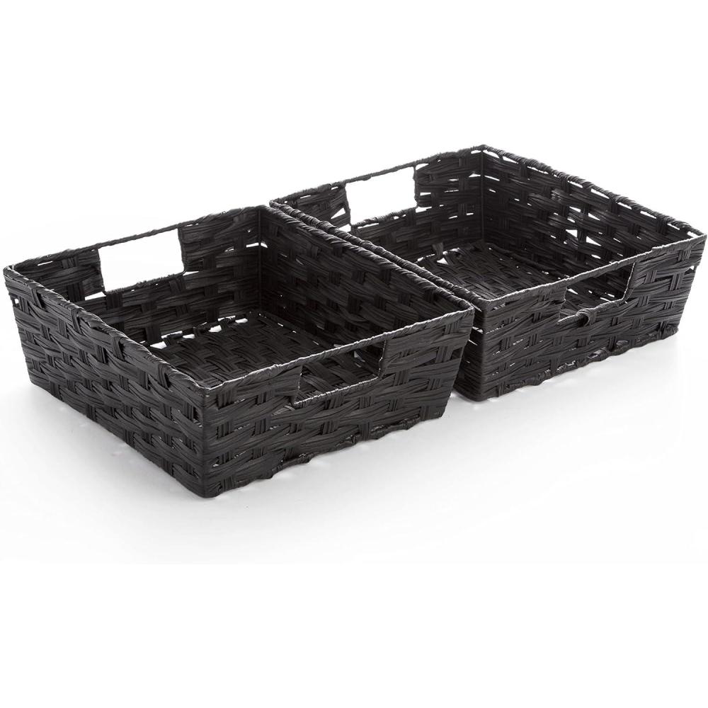 image:imageBINO 2 Pack Woven Resin Basket Organizer  Shelf Organizer with Builtin Carry Handles Black 2PK  L