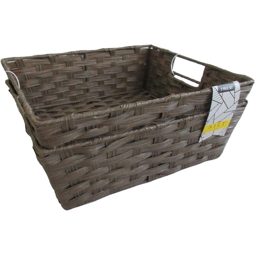 image:imageBINO 2 Pack Woven Resin Basket Organizer  Shelf Organizer with Builtin Carry Handles Brown 2PK  L