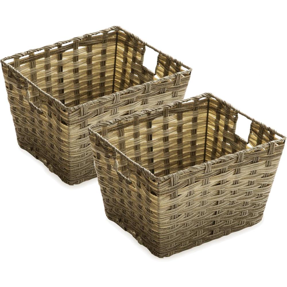 image:imageBINO 2 Pack Woven Resin Basket Organizer  Shelf Organizer with Builtin Carry Handles Brown 2PK  M