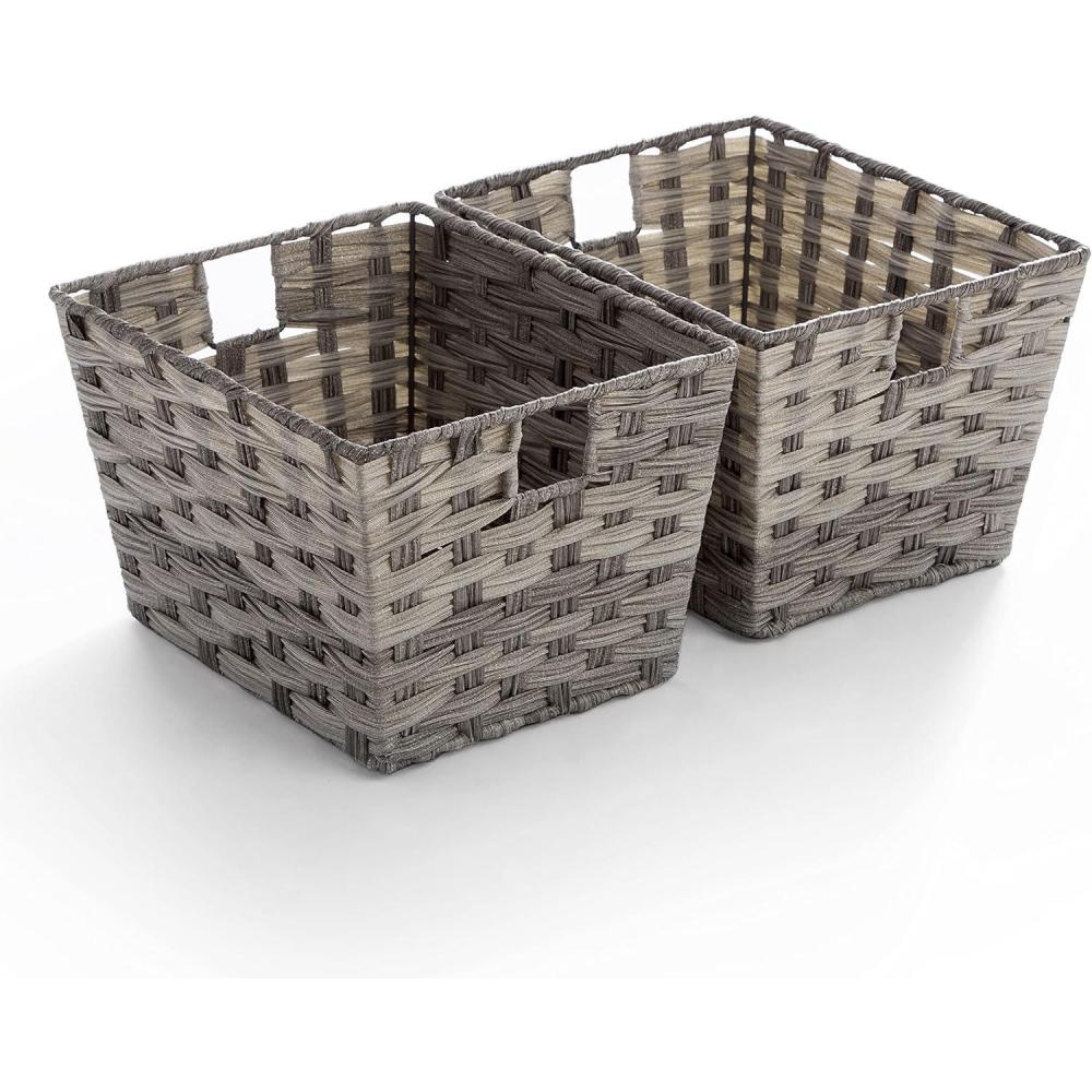 image:imageBINO 2 Pack Woven Resin Basket Organizer  Shelf Organizer with Builtin Carry Handles Medium  Light Grey
