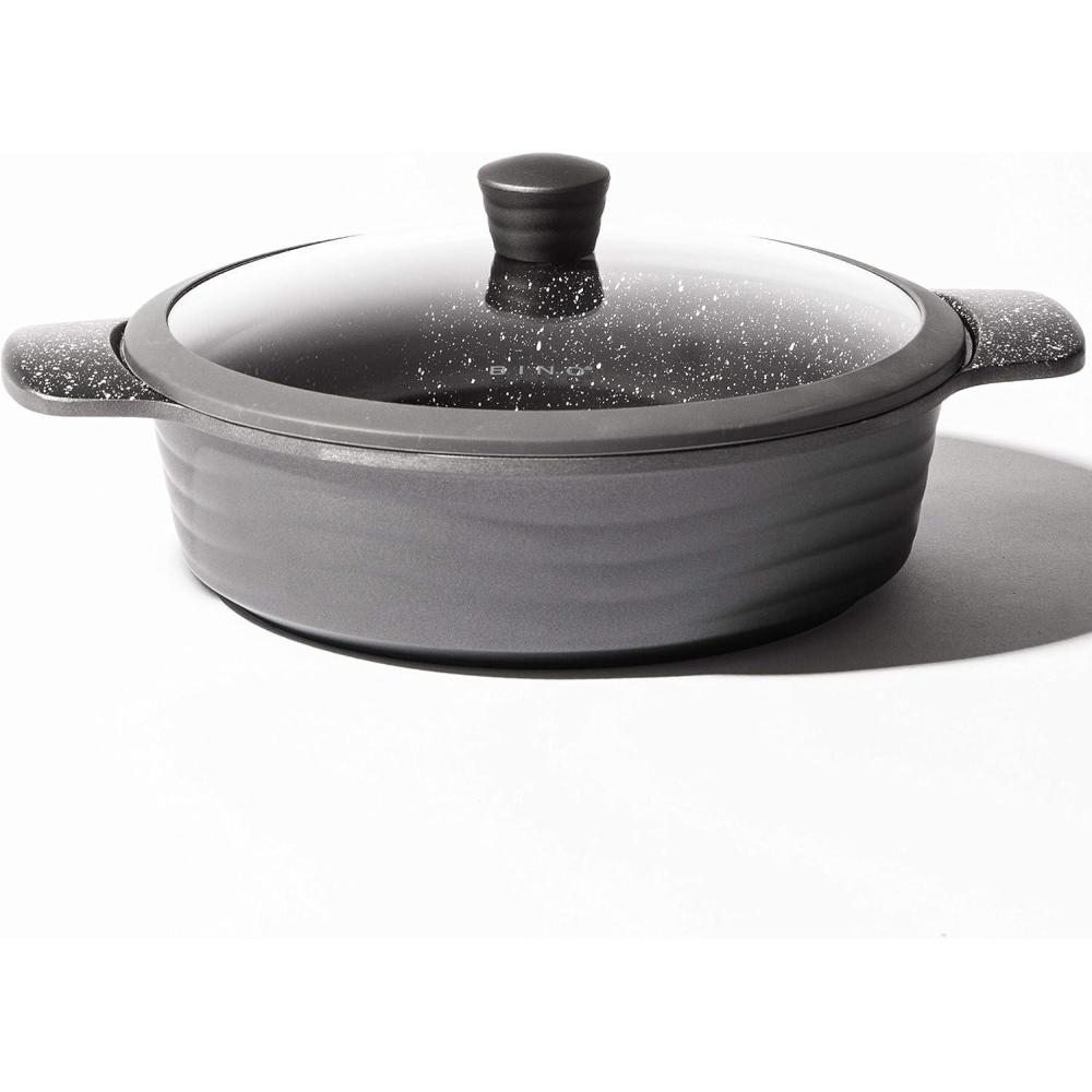image:imageBINO Cookware Nonstick Low Stock Pot with Lid 45 Quart  Matte Grey  THE WAVE COLLECTION  Premium Quality Nonstick Cast Aluminum Low Casserole Stockpot  StayCool BAKELITE Handles  NonToxic