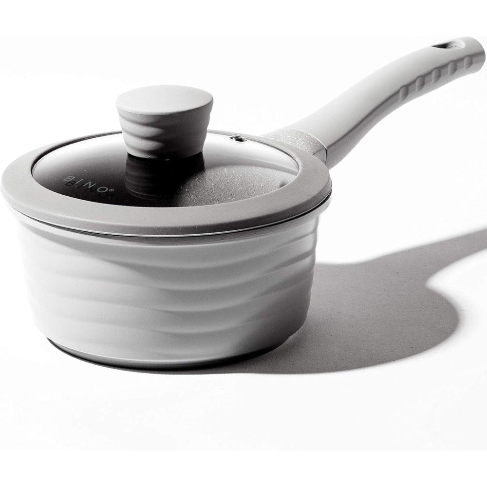image:imageBINO Cookware Nonstick Saucepan with Lid 14 Quart  Matte Light Grey  THE WAVE COLLECTION  Premium Quality Nonstick Cast Aluminum Cooking Pot Sauce Pot  StayCool BAKELITE Handle  NonToxic