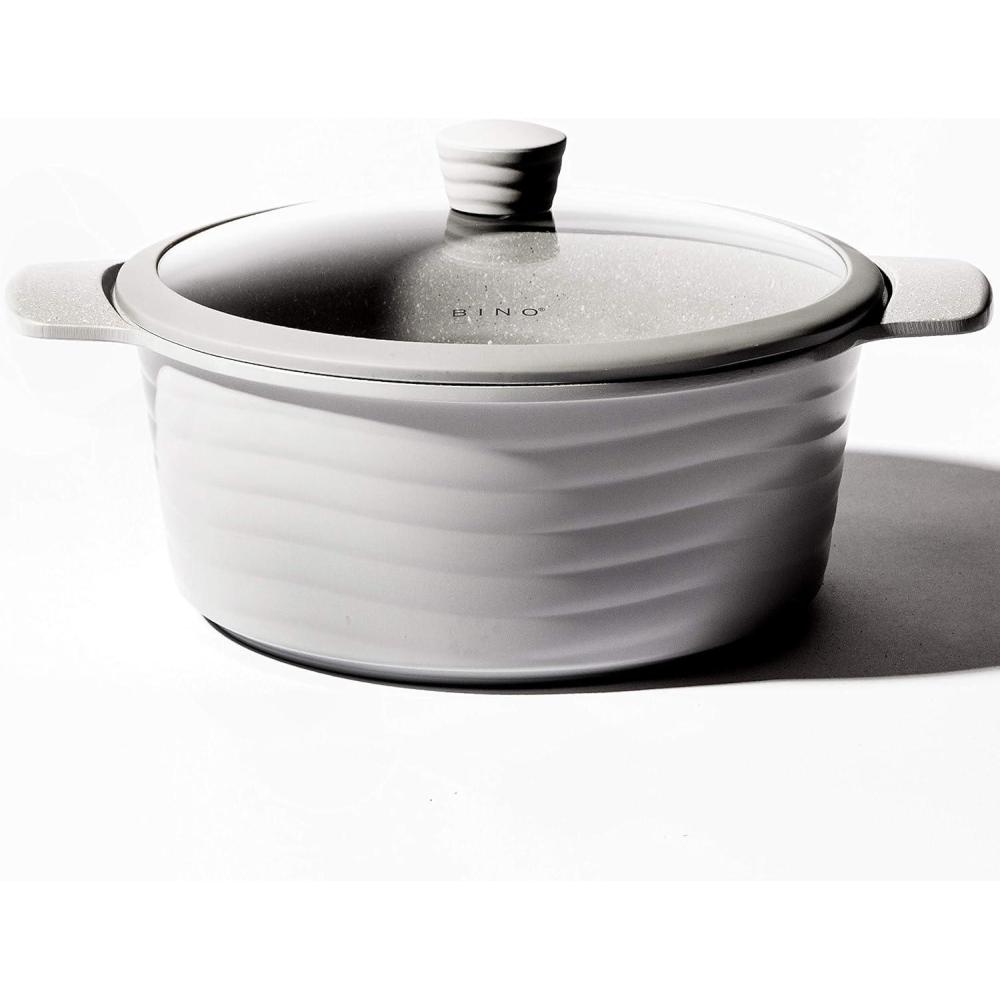 image:imageBINO Cookware Nonstick Stock Pot with Lid 103 Quart  Matte Light Grey  THE WAVE COLLECTION  Premium Quality Nonstick Cast Aluminum Casserole Stockpot  StayCool BAKELITE Handles  NonToxic
