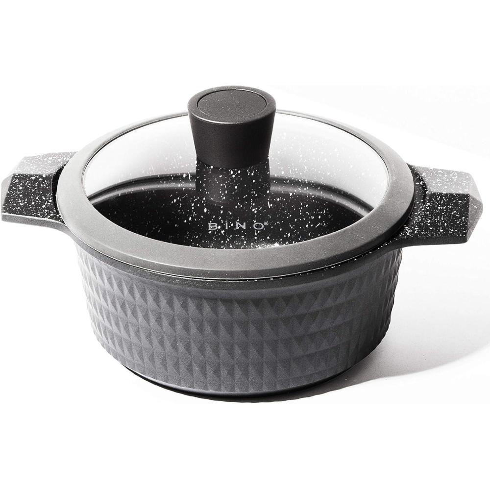 image:imageBINO Cookware Nonstick Stock Pot with Lid 25 Quart  Matte Grey  THE DIAMOND COLLECTION  Premium Quality Nonstick Cast Aluminum Casserole Stockpot  StayCool BAKELITE Handles  NonToxic