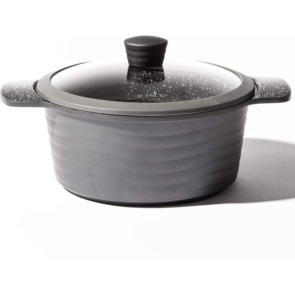 image:imageBINO Cookware Nonstick Stock Pot with Lid 25 Quart  Matte Grey  THE WAVE COLLECTION  Premium Quality Nonstick Cast Aluminum Dutch Oven Casserole Stockpot  StayCool BAKELITE Handles  NonToxic