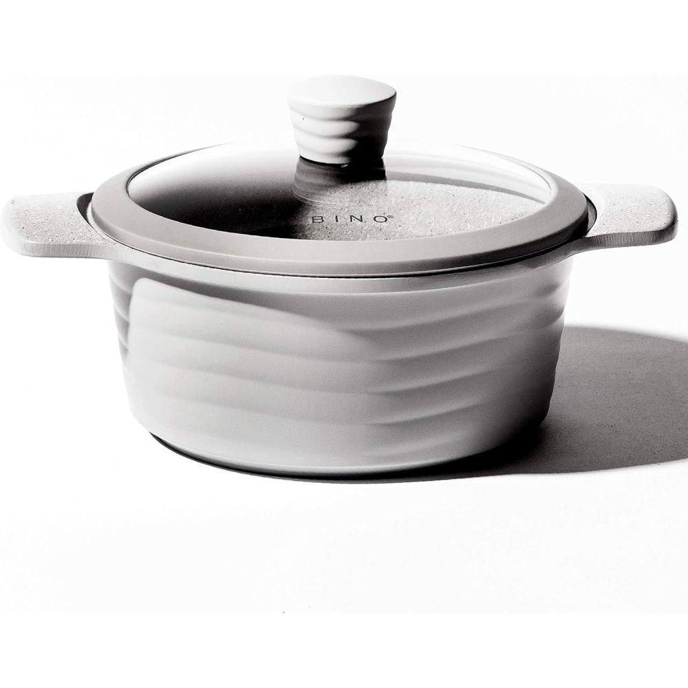 image:imageBINO Cookware Nonstick Stock Pot with Lid 25 Quart  Matte Light Grey  THE WAVE COLLECTION  Premium Quality Nonstick Cast Aluminum Casserole Stockpot  StayCool BAKELITE Handles  NonToxic