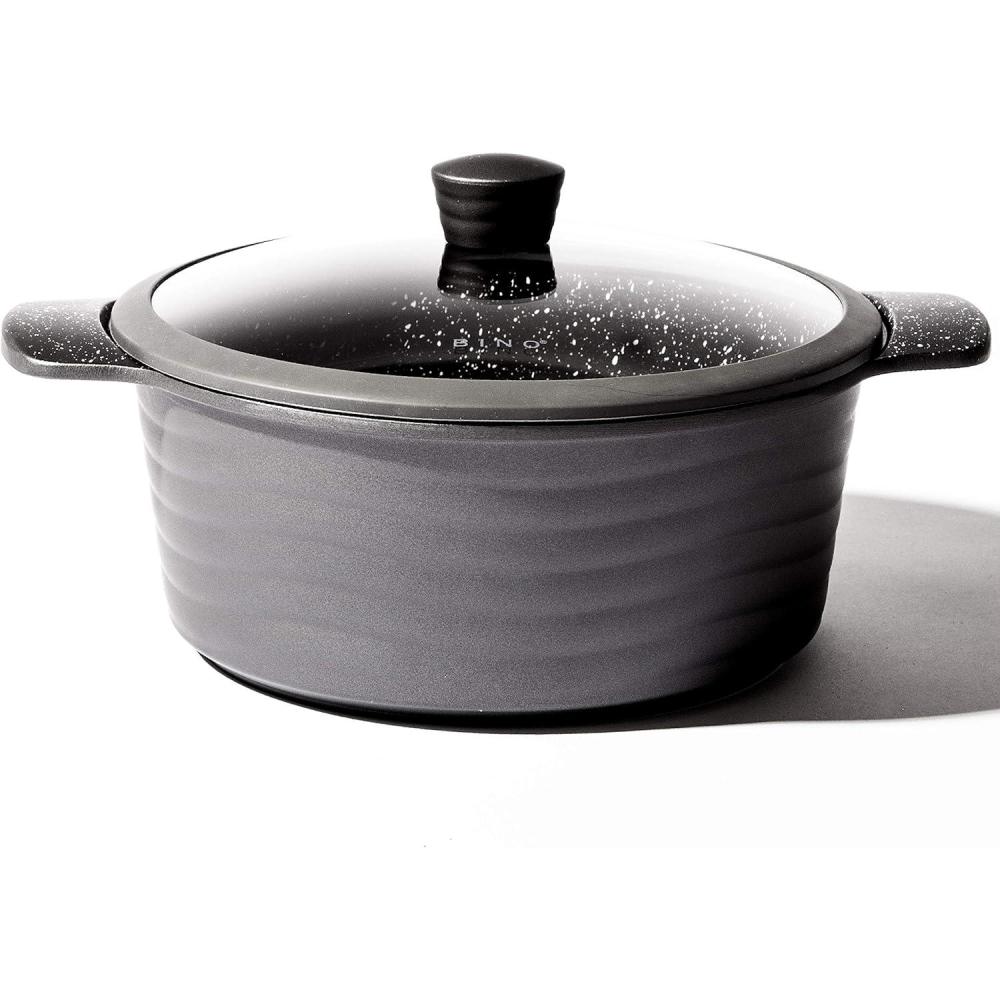 image:imageBINO Cookware Nonstick Stock Pot with Lid 65 Quart  Matte Grey  THE WAVE COLLECTION  Premium Quality Nonstick Cast Aluminum Dutch Oven Casserole Stockpot  StayCool BAKELITE Handles  NonToxic