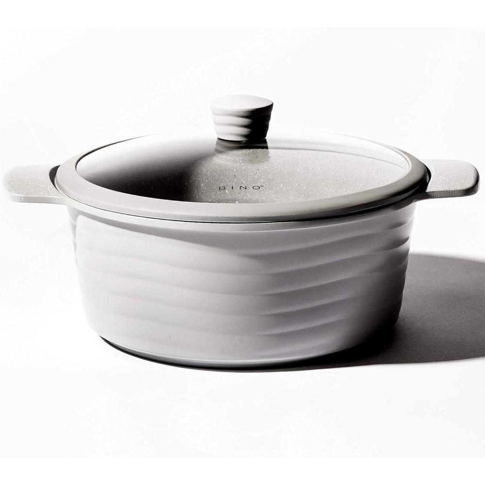 image:imageBINO Cookware Nonstick Stock Pot with Lid 65 Quart  Matte Light Grey  THE WAVE COLLECTION  Premium Quality Nonstick Cast Aluminum Casserole Stockpot  StayCool BAKELITE Handles  NonToxic