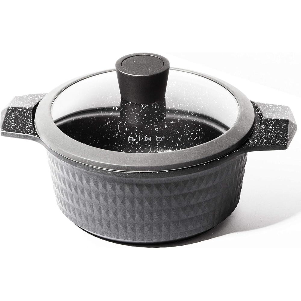 image:imageBINO Cookware Nonstick Stock Pot with Lid 68 Quart  Matte Grey  THE DIAMOND COLLECTION  Premium Quality Nonstick Cast Aluminum Casserole Stockpot  StayCool BAKELITE Handles  NonToxic