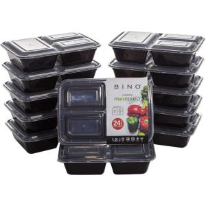 BINO | Food Containers with Cover | Black 12-Piece Set, 41 oz. 3 Compartments | Meal Storage Containers| Microwave-Safe, Freezer-Safe, and Dishwasher-Safe, BPA-Free Plastic Containers with Lids