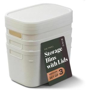 BINO | Plastic Storage Bins with Lids, 5.5 Liter – 3 Pack, Dark Brown | THE TWILL COLLECTION | Plastic Bins for Organization | Woven Storage Baskets for Organizing | Pantry Shelf Organizer Basket Bin(White)