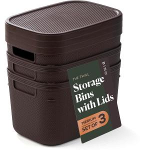 BINO | Plastic Storage Bins with Lids, 5.5 Liter – 3 Pack, Dark Brown | THE TWILL COLLECTION | Plastic Bins for Organization | Woven Storage Baskets for Organizing | Pantry Shelf Organizer Basket Bin(Dark Brown)