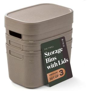 BINO | Plastic Storage Bins with Lids, 5.5 Liter – 3 Pack, Dark Brown | THE TWILL COLLECTION | Plastic Bins for Organization | Woven Storage Baskets for Organizing | Pantry Shelf Organizer Basket Bin(Taupe)
