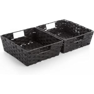 BINO 2 Pack Woven Resin Basket Organizer – Shelf Organizer with Built-in Carry Handles (Black, 2PK – L)