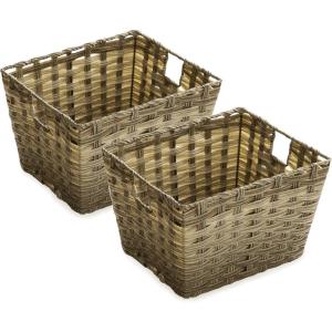 BINO 2 Pack Woven Resin Basket Organizer – Shelf Organizer with Built-in Carry Handles (Brown, 2PK – M)
