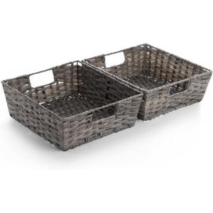BINO 2 Pack Woven Resin Basket Organizer – Shelf Organizer with Built-in Carry Handles, Large – Light Grey