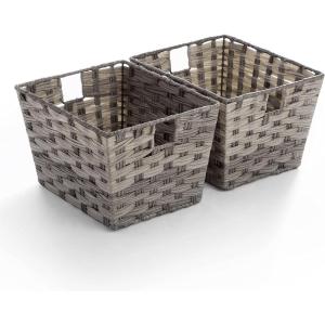 BINO 2 Pack Woven Resin Basket Organizer – Shelf Organizer with Built-in Carry Handles, Medium – Light Grey