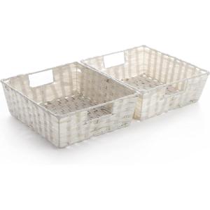 BINO 2 Pack Woven Resin Basket Organizer – Shelf Organizer with Built-in Carry Handles (White, 2PK – L)