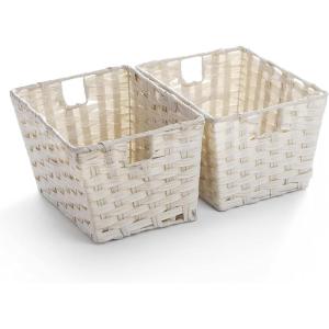 BINO 2 Pack Woven Resin Basket Organizer – Shelf Organizer with Built-in Carry Handles (White, 2PK – M)