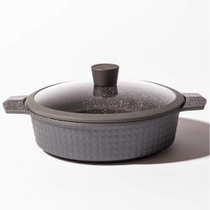 BINO Cookware Nonstick Low Stock Pot with Lid, 4.5 Quart – Matte Grey | THE DIAMOND COLLECTION | Premium Quality Nonstick Cast Aluminum Low Casserole Stockpot | Stay-Cool BAKELITE Handles | Non-Toxic