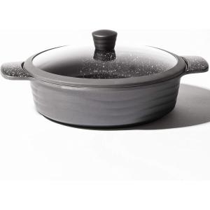BINO Cookware Nonstick Low Stock Pot with Lid, 4.5 Quart – Matte Grey | THE WAVE COLLECTION | Premium Quality Nonstick Cast Aluminum Low Casserole Stockpot | Stay-Cool BAKELITE Handles | Non-Toxic