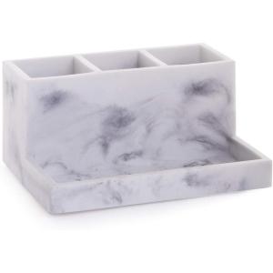 BINO Multi Purpose 3 Compartment Organizer with Tray – Makeup Brush Holder and Toothbrush Holder – Marble Bathroom Accessories (Matte Black)(Marble)