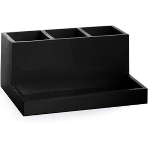 BINO Multi Purpose 3 Compartment Organizer with Tray – Makeup Brush Holder and Toothbrush Holder – Marble Bathroom Accessories (Matte Black)(Matte Black)
