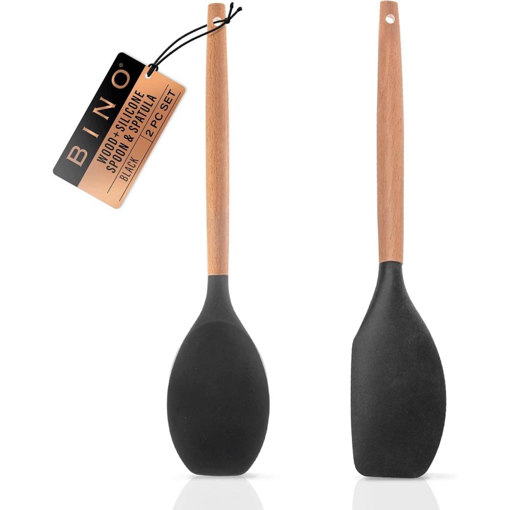 image:imageBINO 2Piece Wooden Handle Silicone Mixing Spoons amp Spatulas Set  Black  Heat Resistant Kitchen Utensils for Nonstick Cookware  BPA Free  Cooking Utensils amp Serving Food  Cookware Utensils Set