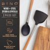 BINO 2-Piece Silicone Spoon & Solid Turner Set with Stainless Steel & Wooden Handle – Black | BPA-Free Nonstick & Heat Resistant Silicone | Mixing & Serving | Cooking Utensils for Nonstick Cookware