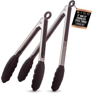 BINO 2-Piece Silicone Tipped Stainless Steel Tongs Set – Black | Locking Tongs | Kitchen Utensil & Tool for Cooking & Serving | Nonstick Cookware | Heat-resistant Silicone Tongs | 9 + 12 Inches