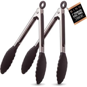 BINO 2-Piece Silicone Tipped Stainless Steel Tongs Set – Black | Locking Tongs | Kitchen Utensil & Tool for Cooking & Serving | Nonstick Cookware | Heat-resistant Silicone Tongs | 7 + 7 Inches