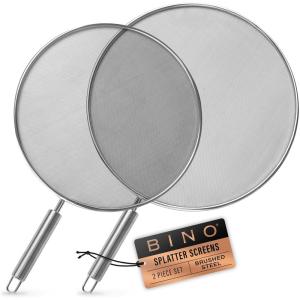 BINO 2-Piece Stainless Steel Splatter Screen with Metal Handle Set | Oil & Grease Skillet Guard | Bacon Screen Splash Protector | Frying Pan Screen | Mesh Splatter Screen | Kitchen Cookware Essentials