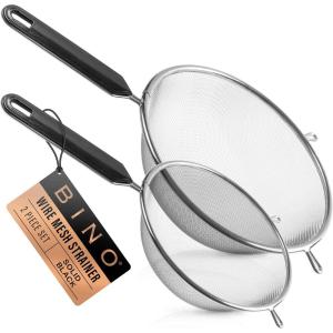 BINO 2-Piece Stainless Steel Strainers with Handle Set – Black | Food Strainer Set | Sifter Strainer | Flour Sifting | Baking Sifters | Kitchen Strainers with Handle | Sieve Baking | Cooking Strainer