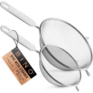 BINO 2-Piece Stainless Steel Strainers with Handle Set – Speckled White | Food Strainer Set | Flour Sifter Strainer | Baking Sifters | Kitchen Strainers with Handle | Sieve Baking | Cooking Strainer