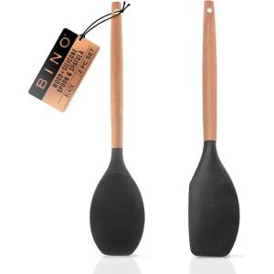 BINO 2-Piece Wooden Handle Silicone Mixing Spoons & Spatulas Set – Black | Heat Resistant Kitchen Utensils for Nonstick Cookware | BPA Free | Cooking Utensils & Serving Food | Cookware Utensils Set
