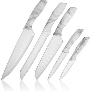 BINO 5-Piece Stainless Steel Kitchen Knives Set with Sheath – Marble | Chopping Knife | Serrated Utility Knife | Santoku Knife | Bread Knives | Cutting | Cooking | Meal Prep | Chefs Knife Set