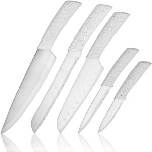 BINO 5-Piece Stainless Steel Kitchen Knives Set with Sheath – Speckled White | Chopping Knife | Serrated Utility Knife | Santoku Knife | Bread Knives | Cutting | Cooking | Meal Prep | Chefs Knife Set